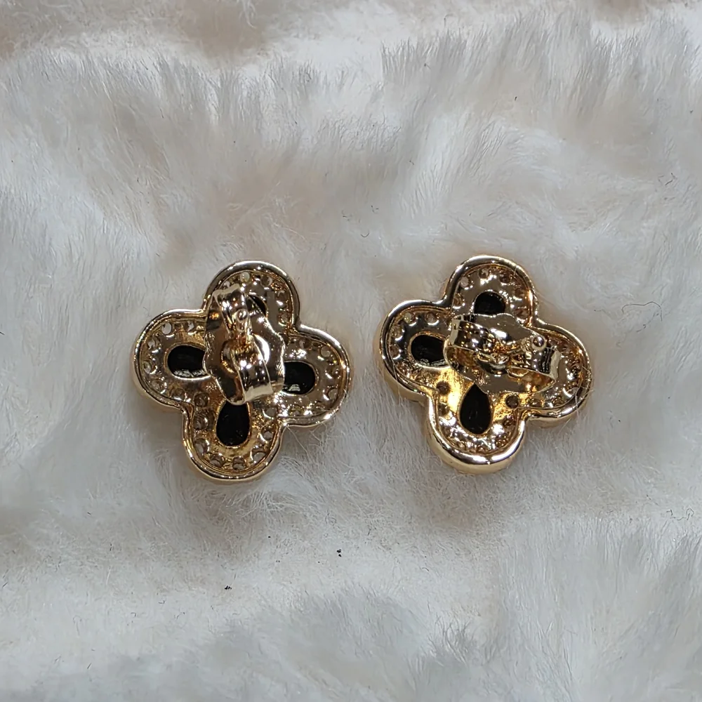 Gold-Trim Black Crystal Clover Stud Earrings